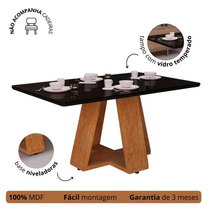 Imagem de Mesa De Jantar Tampo MDF Retangular 4 Lugares Com Tampo De Vidro Laqueado