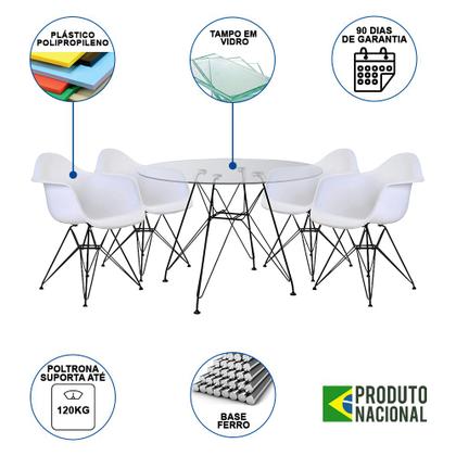 Imagem de Mesa de Jantar Vidro Redonda 90cm Eames Eiffel com 4 Poltronas Brancas Ferro Preto
