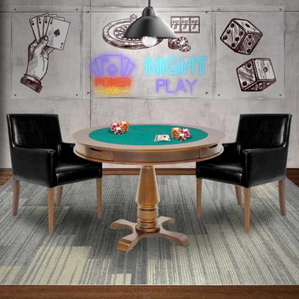 Imagem de Mesa de Jogos Carteado Victoria Redonda Tampo Reversível Amêndoa com 2 Cadeiras Liverpool PU Preto Liso G36 G15 - Gran Belo