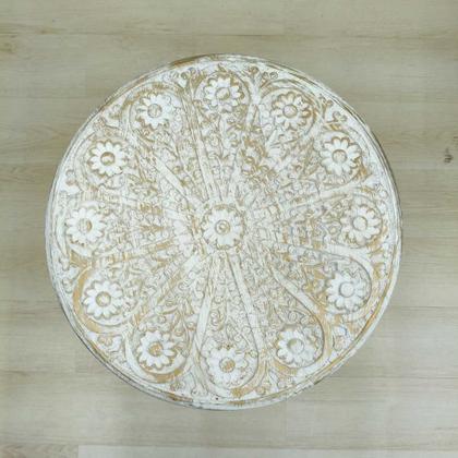 Imagem de Mesa de Madeira Indiana Rústica Entalhada e Pintada 3 Pés -