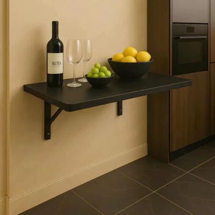 Imagem de Mesa de Parede Dobrável com Suporte 90x40 Cm Preta Retrátil Sala Quarto e Cozinha