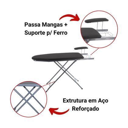 Imagem de Mesa de passar roupa extra forte c/ passa mangas prata - utilaço
