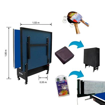 Imagem de MESA DE PING PONG MDF 18mm 1084 KLOPF C/ RODAS + Kit Raquetes e Bolinhas 5055 + Rede Master 5034 + CAPA p/ Mesa Fechada