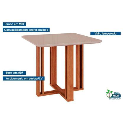 Imagem de Mesa de Sala Jantar Flora c/Tampo Madeirado Vidro 95x95cm Cinamomo/Off White - Cimol
