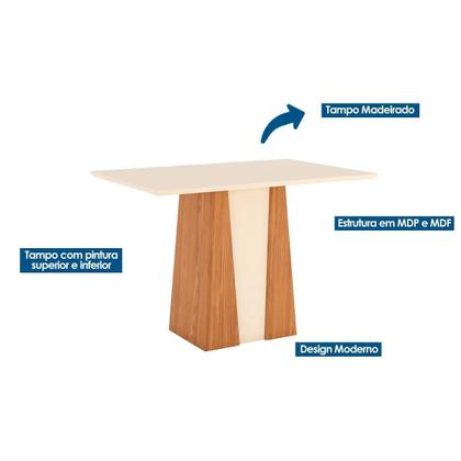 Imagem de Mesa de Sala Jantar Orus + Tampo Madeirado 120x80cm Nature/Off White - Henn