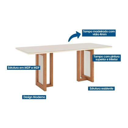 Imagem de Mesa de Sala Jantar Yara SC77 c/ Tampo Madeirado c/ Vidro Curvo 200x90cm Nature - Henn