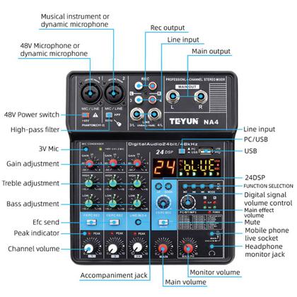 Imagem de Mesa De Som 4 Canais Placa De Som Mixer de Áudio Profissional Bluetooth Vedo NA4 24 Efeitos 48V