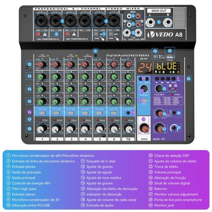 Imagem de Mesa De Som 8 Canais Mixer Áudio Usb Smart Profissional A8 Conjunto Interface Externa
