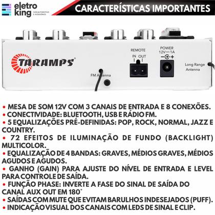 Imagem de Mesa de Som Taramps T 0302 Player 3 Canais Bluetooth RGB Efeitos Luz Multicolor Vu com Controle Longa Distância