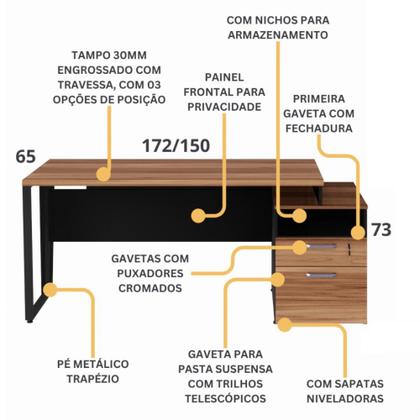 Imagem de Mesa Diretor Com Gaveteiro Pedestal 2 Gavetas Com Chave Yaris Marrom e Preto Web Office