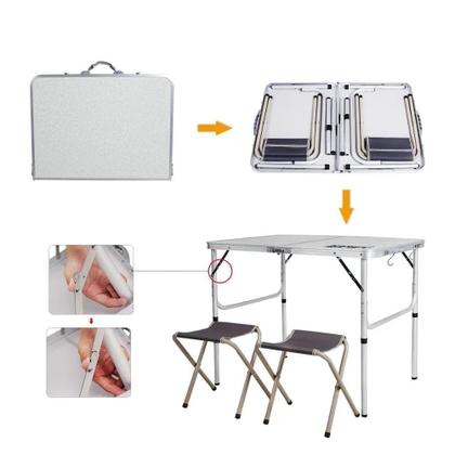 Imagem de Mesa Dobravel Aluminio 2 Cadeiras Mesinha Praia Maleta Portatil Grande 90X60Cm Altura Ajustavel