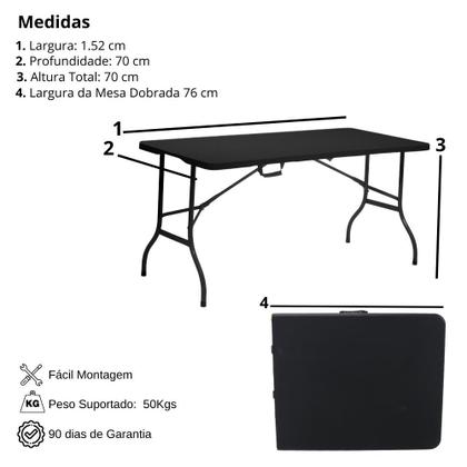 Imagem de Mesa Dobrável De Plástico Portátil Com Alça Leve Para Camping Praia Churrasco 152x70cm Preta