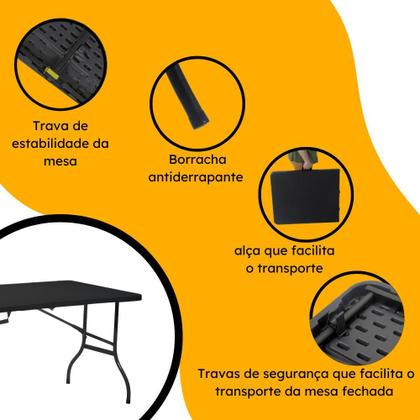 Imagem de Mesa Dobrável De Plástico Portátil Com Alça Leve Para Camping Praia Churrasco 152x70cm Preta