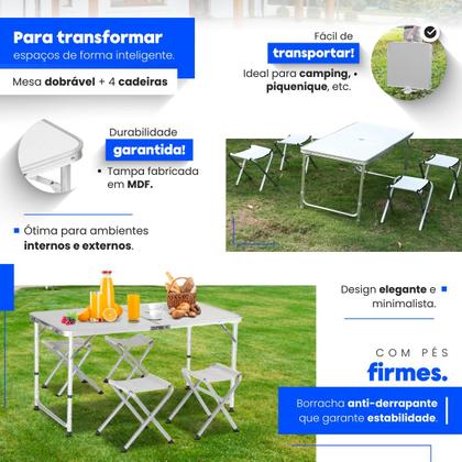 Imagem de Mesa Dobravel Portatil Vira Maleta De Camping Praia Piquenique 120x60 com 4 Banquinhos