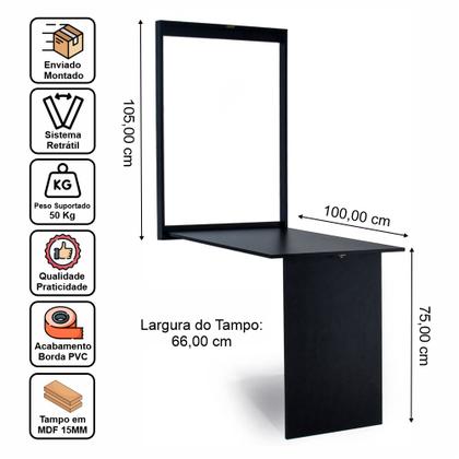 Imagem de Mesa Dobrável Retrátil de Parede Retangular em MDF Preta - Móveis Britz
