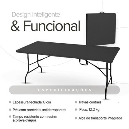 Imagem de Mesa Dobrável Vira Maleta Escritorio Jantar Trabalho Jardim Evento Dobrável Com Alca 1,80 Metross 6 Lugares Boden