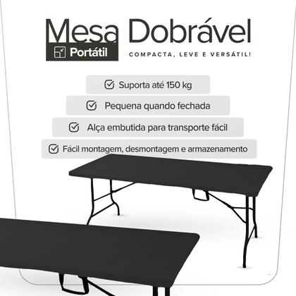 Imagem de Mesa Dobrável Vira Maleta Escritorio Jantar Trabalho Jardim Evento Dobrável Com Alca 1,80 Metross 6 Lugares Boden