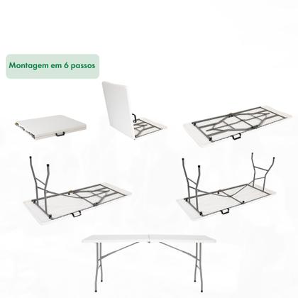 Imagem de Mesa Dobrável Vira Maleta Portátil Com Alça Branca 1,80m Camping Premium Resistente Garden Life