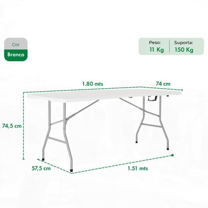 Imagem de Mesa Dobrável Vira Maleta Portátil Com Alça Branca 1,80m Camping Premium Resistente Garden Life