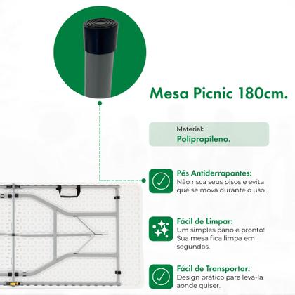 Imagem de Mesa Dobrável Vira Maleta Portátil Com Alça Branca 1,80m Camping Premium Resistente Garden Life