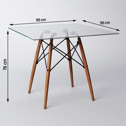 Imagem de Mesa Eames Eiffel Quadrada 90 Cm Tampo de Vidro Base de Madeira