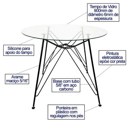 Imagem de Mesa Eames Ferro Eiffel cor Preta de Jantar ou Cozinha para 4 lugares com Tampo de Vidro Redondo 90cm