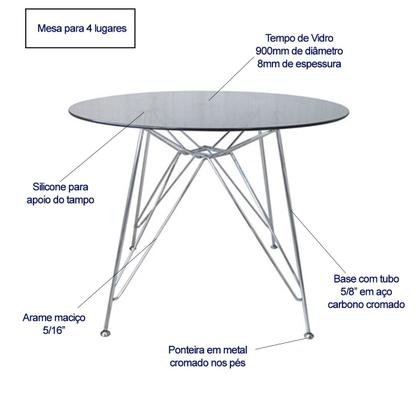 Imagem de Mesa Eames Ferro Eiffel Cromada de Jantar ou Cozinha para 4 lugares com Tampo de Vidro Redondo 90cm