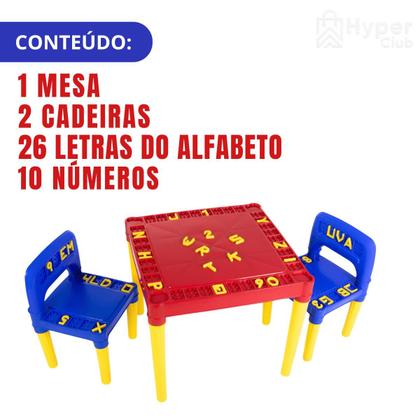 Imagem de Mesa Educativa Infantil com 2 Cadeiras, 26 Letras e 10 Números para Brincar e Aprender Alfabetização Infantil
