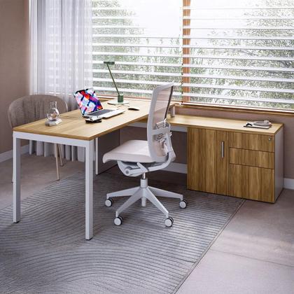 Imagem de Mesa em L c/ Balcão Lateral 3 Gavetas Porta e 2 Estantes F5