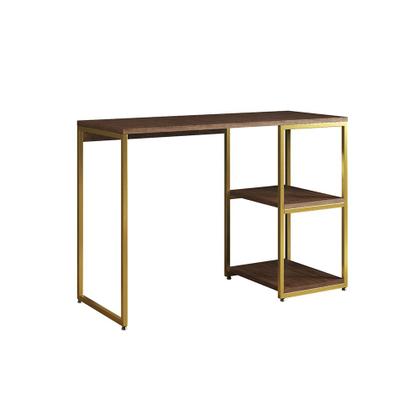 Imagem de Mesa Escritório Berlim Industrial com Prateleira Ferro Dourado Tampo 110x46 Amêndoa