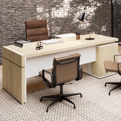 Imagem de Mesa Escritório Em L Caixa Com Tomada Atria Executiva 200x183cm A02 Carvalho Branco - Lyam Decor
