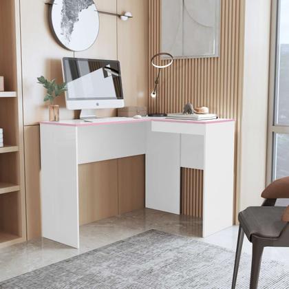 Imagem de Mesa Escritório Em L Com Porta Oculta Escrivaninha De Canto Para Computador Home Office Amplo Espaço Base Firme