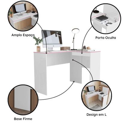 Imagem de Mesa Escritório Em L Com Porta Oculta Escrivaninha De Canto Para Computador Home Office Amplo Espaço Base Firme