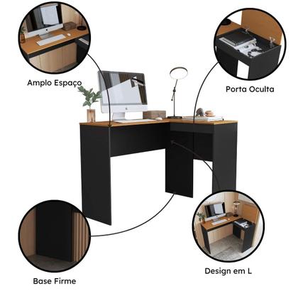 Imagem de Mesa Escritório Em L Com Porta Oculta Escrivaninha De Canto Para Computador Home Office Amplo Espaço Base Firme