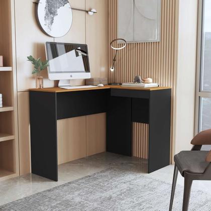 Imagem de Mesa Escritório Em L Com Porta Oculta Escrivaninha De Canto Para Computador Home Office Amplo Espaço Base Firme