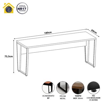 Imagem de Mesa Escrivaninha 1,80m x 0,60m Pés Metal 100% MDF F5