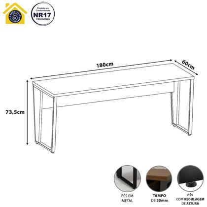 Imagem de Mesa Escrivaninha 1,80m x 0,60m Pés Metal 100% MDF F5