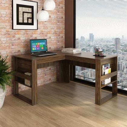 Imagem de Mesa Escrivaninha Angular Para Escritorio ME4145 Nogal Preto Tecno Mobili