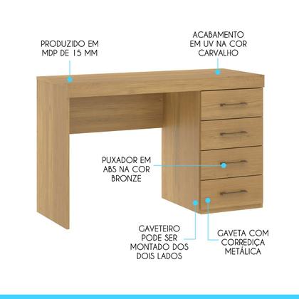 Imagem de Mesa Escrivaninha com 4 Gavetas 120x75Cm MDP Carvalho 0711 MENU