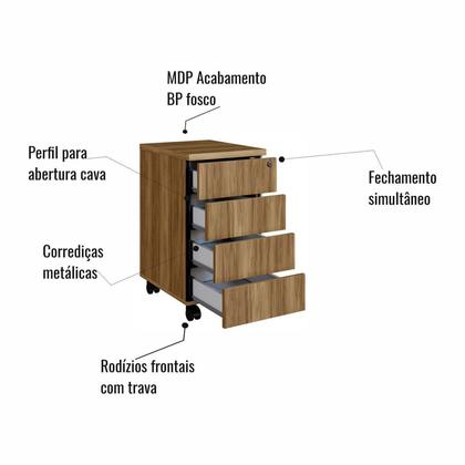 Imagem de Mesa Escrivaninha e Gaveteiro com e Rodízios 4 Gavetas 160cm Industrial Executive Nogal e Preto Marrom