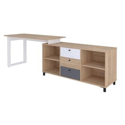 Imagem de Mesa Escrivaninha Em L Com 3 Gavetas E Nichos Nexos Carvalho/branco/grafito