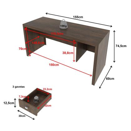 Imagem de Mesa Escrivaninha Engrossurada 155m com 3 Gavetas ME4113 Tecnomóbili