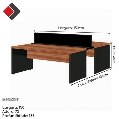 Imagem de Mesa Escrivaninha Estação de Trabalho Dupla 1,50x1,35m 02 Lugares sem Gavetas com ponto de tomada Workstart Nogal Sevilha 