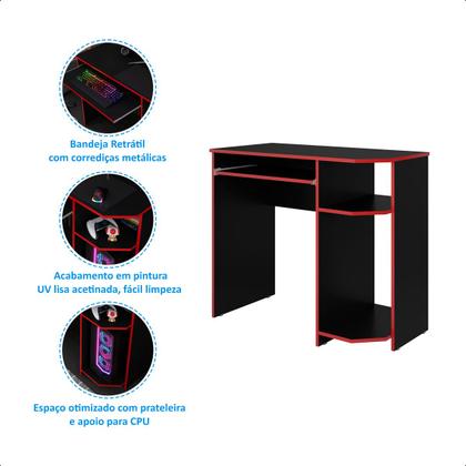 Imagem de Mesa Escrivaninha Gamer Computador Notebook Estudo Trabalho 90 Preto Vermelho