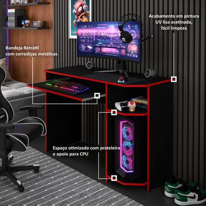 Imagem de Mesa Escrivaninha Gamer Computador Notebook Estudo Trabalho 90 Preto Vermelho