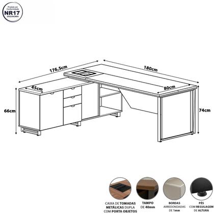 Imagem de Mesa Executiva 1,80m c/ Armário Lateral e Cx de Tomadas F5