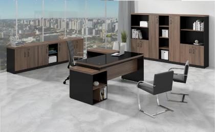 Imagem de Mesa Executiva Web40 c/ Vidro 1,72x1,60m Nogal Sevilha/Preto