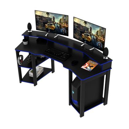 Imagem de Mesa Gamer Escrivaninha Para Computador Home Office 3 Prateleiras Espaço CPU Quarto Preto e Azul