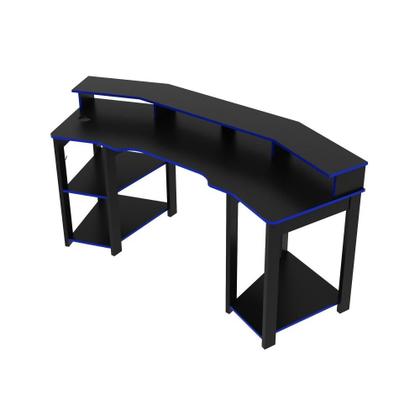 Imagem de Mesa Gamer Escrivaninha Para Computador Home Office 3 Prateleiras Espaço CPU Quarto Preto e Azul