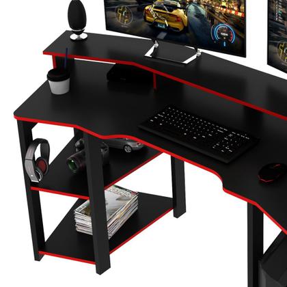 Imagem de Mesa Gamer Escrivaninha Para Computador Home Office 3 Prateleiras Espaço CPU Quarto Preto e Vermelho